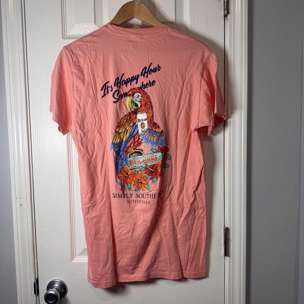 Simply Southern It's Happy Hour Somewhere Men's Large Tshirt Pink Tropical Vacay